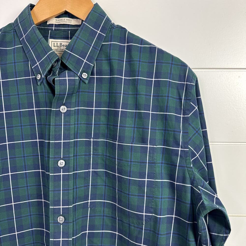 LL Bean Wrinkle Free Traditional Button Front Shirt Navy Blue Green Plaid sz M